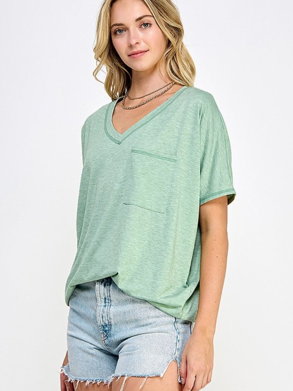 Sage V-Neck Tee With Pocket - Picture 2 of 7